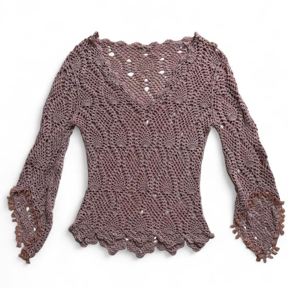 Vtg The Limited Handknit Pink Crochet Beaded Flare Sleeve Y2K Sweater Top Sz S